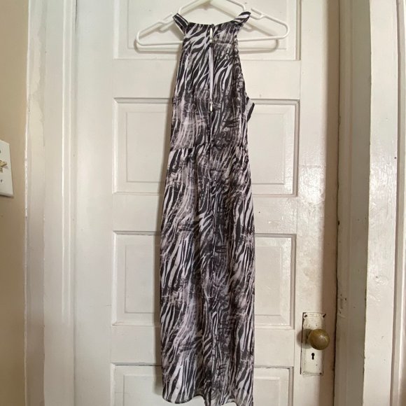 BEBE Deep Halter Vneck Zebra BW Black Striped Party Dress, Party, Small 2 - Picture 3 of 5